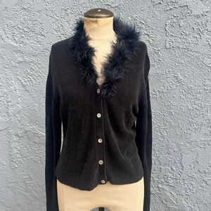 Y2k Black Chenille Cardigan with Fur Collar Clueless sweater Silk blend
